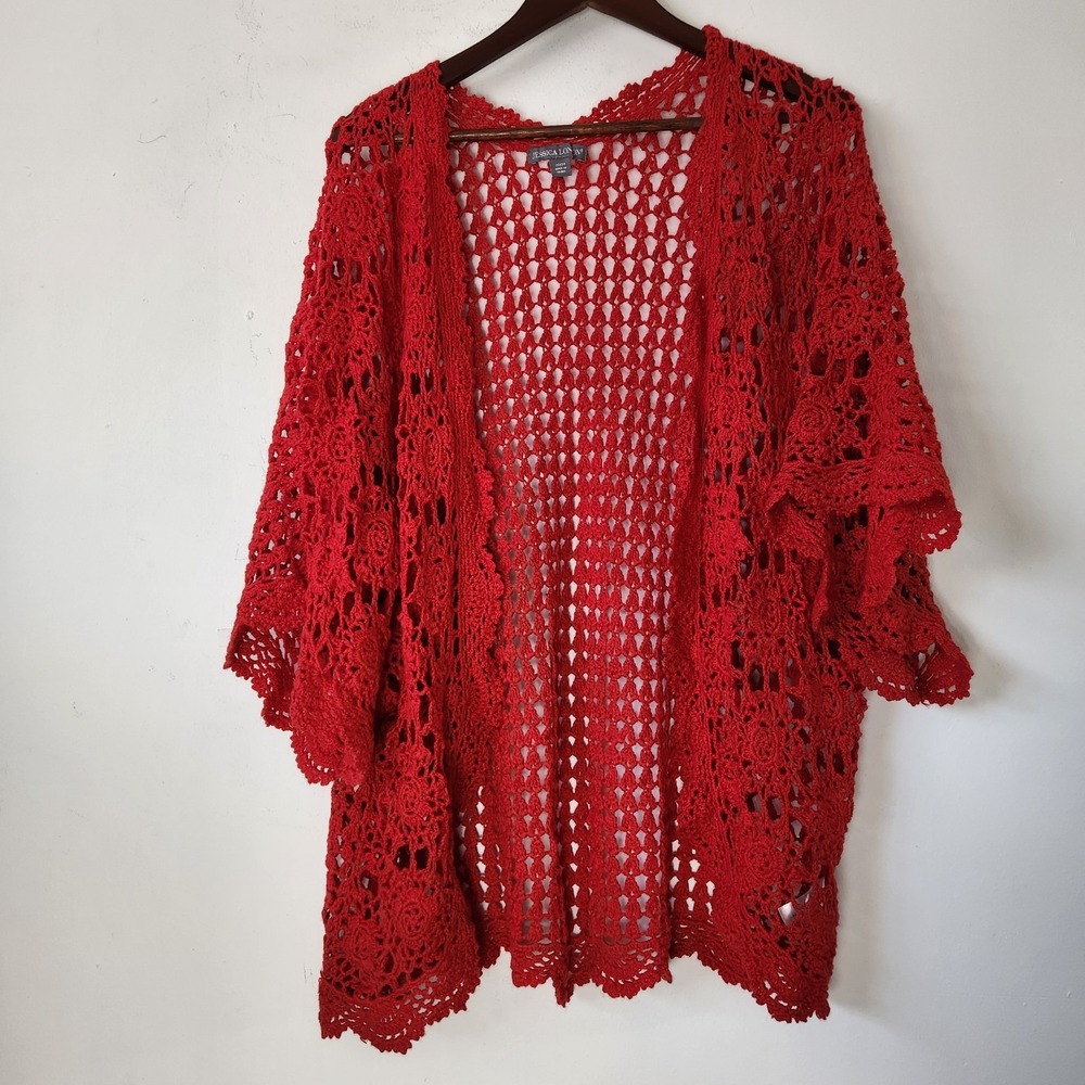 Red Floral Crochet Cardigan Sz 22/24 Boho Whimsigoth Kimono Open Front Festival - Picture 13 of 13